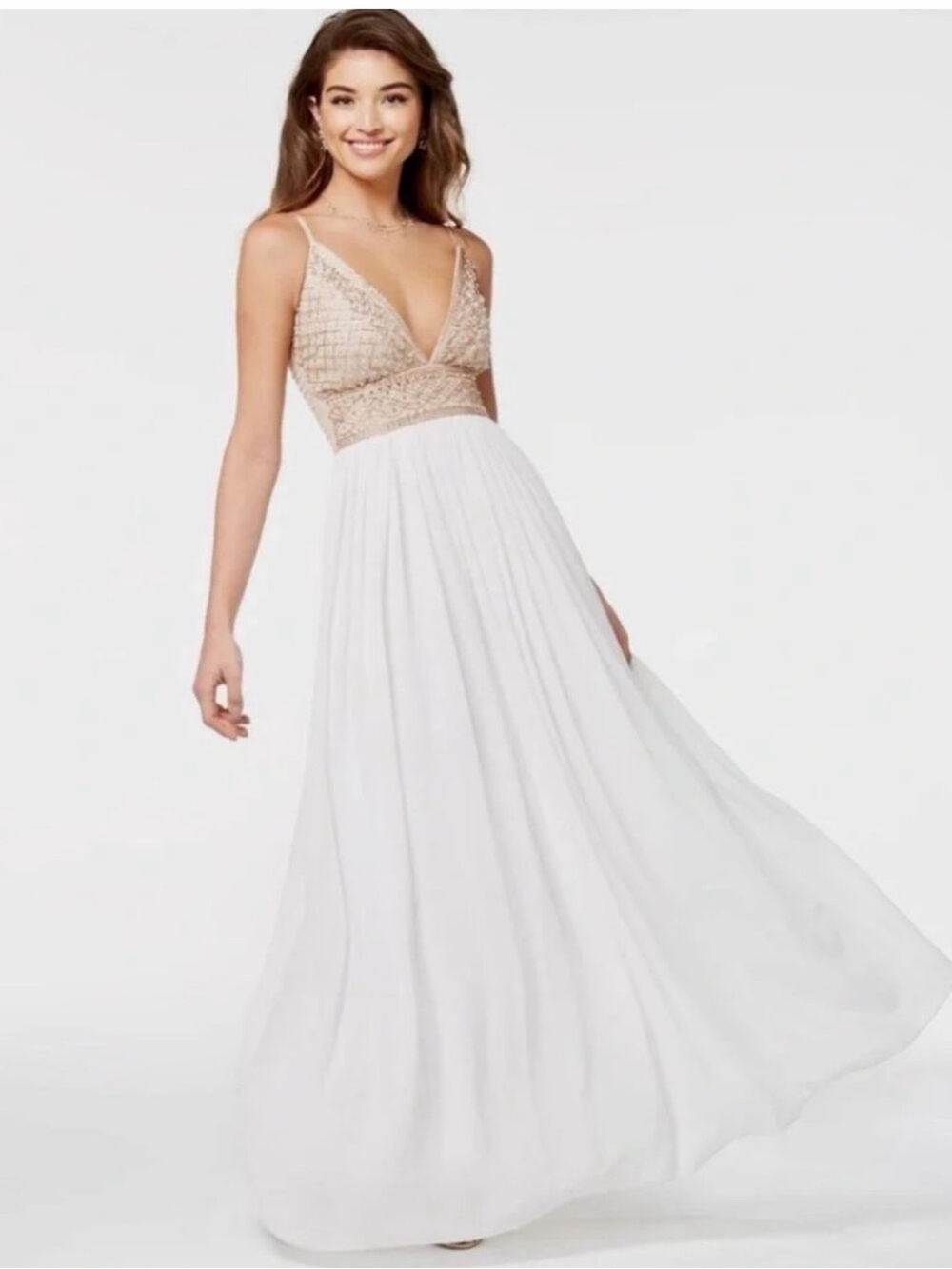 Speechless Beaded V-Neck Spaghetti Strap Maxi Dress in Champagne and White Size9